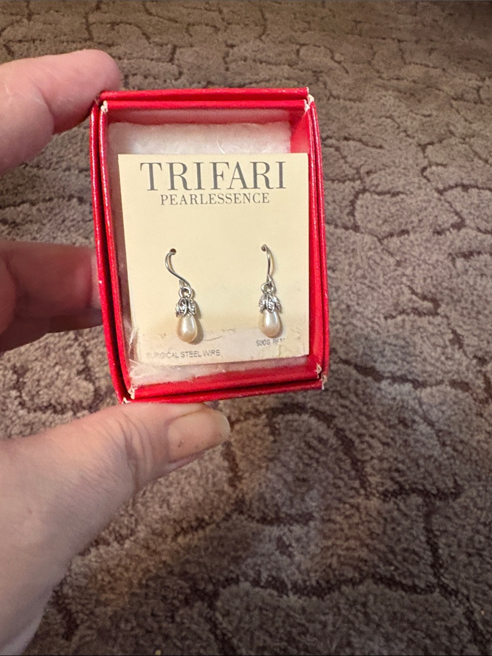 Trifari Silver Tone Surgical Steel Earrings with Cream Pearlescent Teardrops